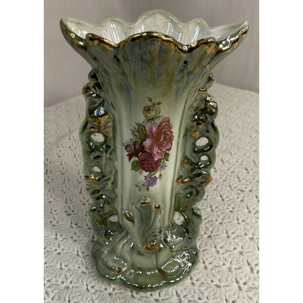 Vintage Hand Painted Lusterware Vase Pottery Made In Taiwan Floral Gold Accents